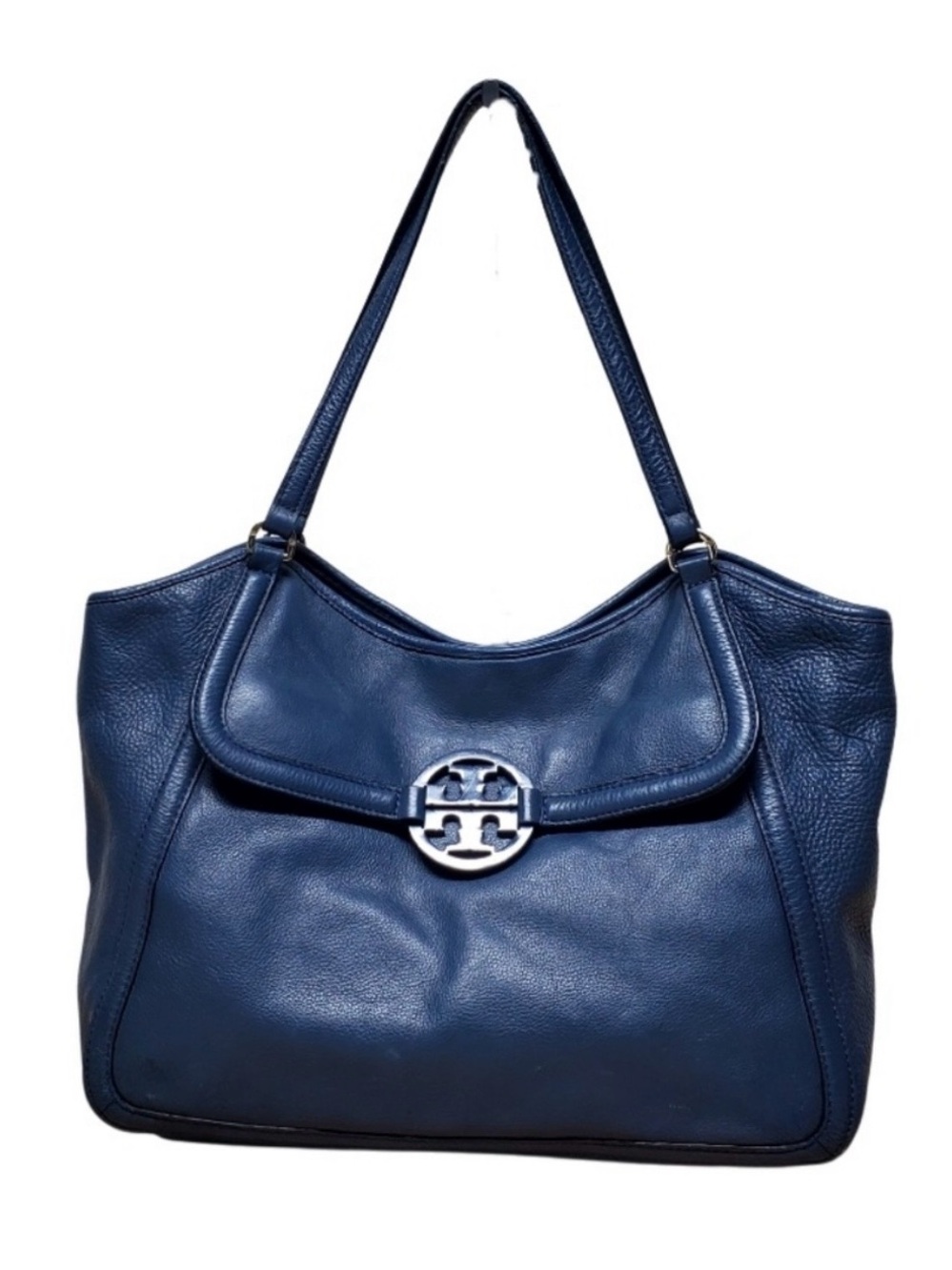 Tory Burch Navy Leather Shoulder Bag with Logo Medallion
